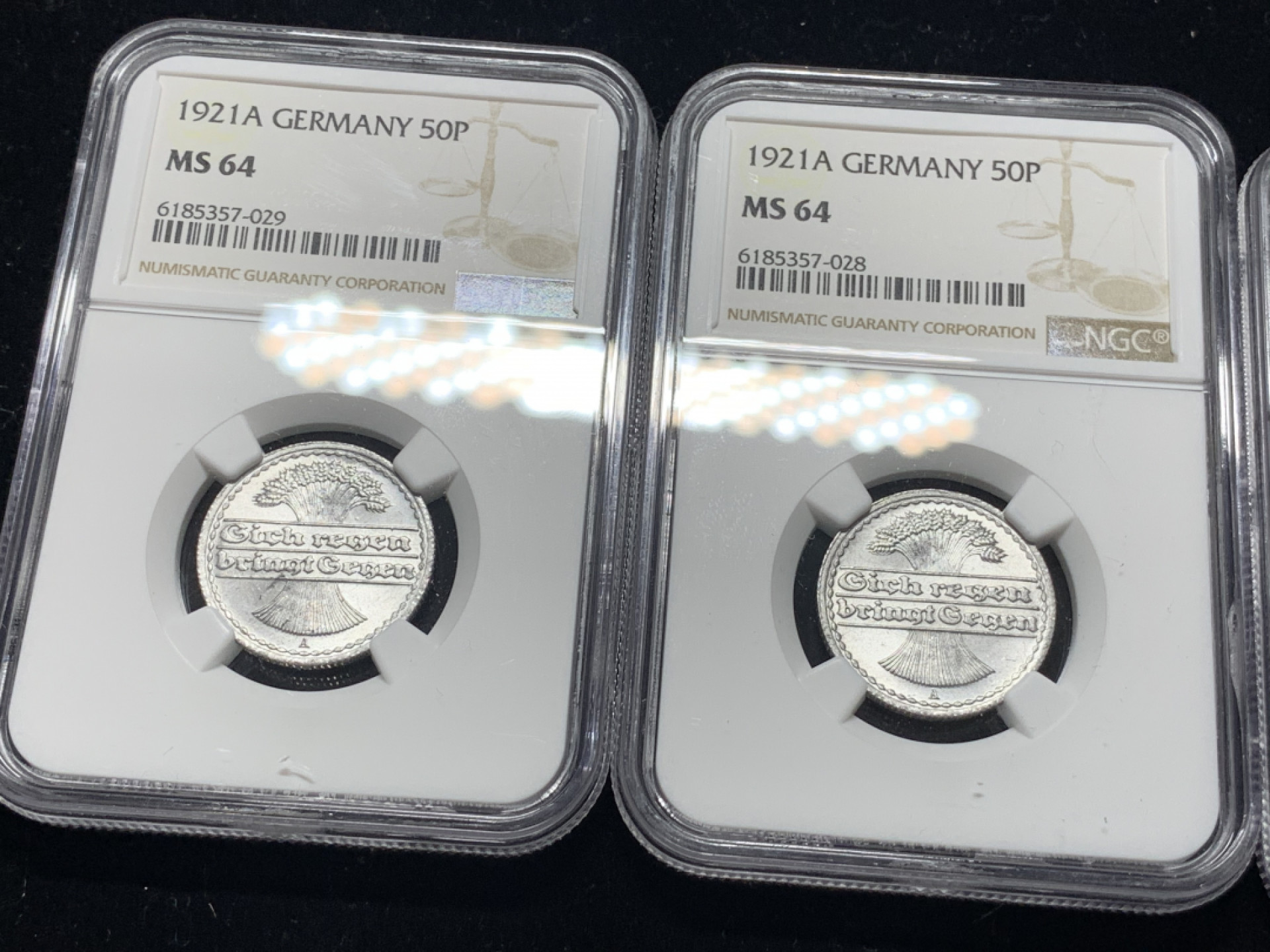 《竞宝斋》钱币微拍-第5场（0佣金包邮） 3枚一组，NGC-MS64 德国 1921年 50芬妮 铝币