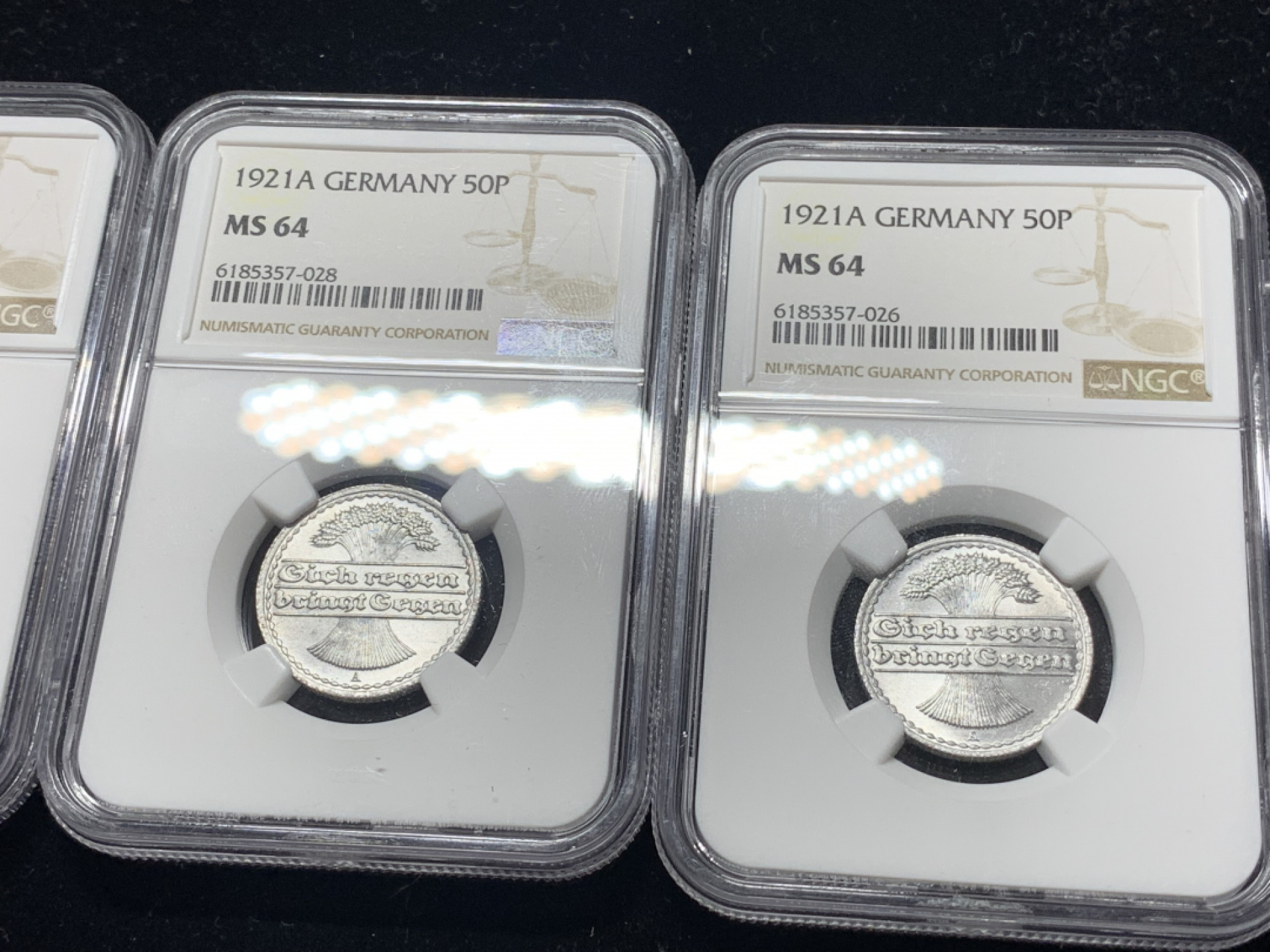 《竞宝斋》钱币微拍-第5场（0佣金包邮） 3枚一组，NGC-MS64 德国 1921年 50芬妮 铝币