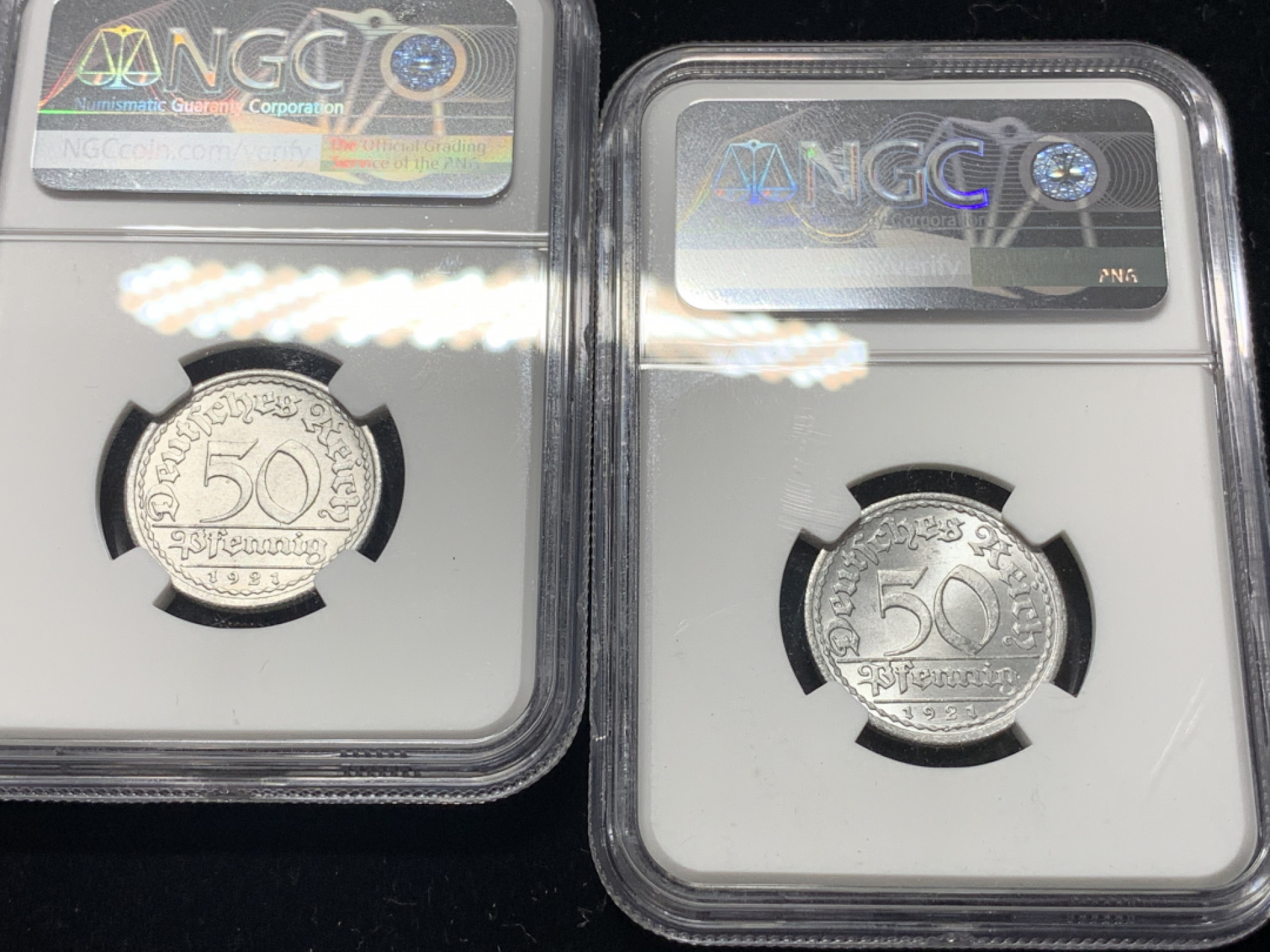 《竞宝斋》钱币微拍-第5场（0佣金包邮） 3枚一组，NGC-MS64 德国 1921年 50芬妮 铝币