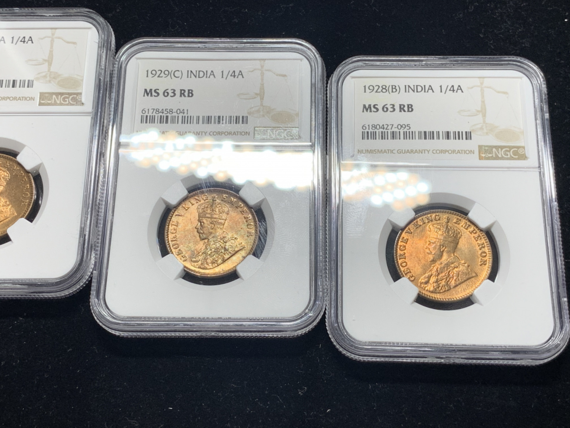 《竞宝斋》钱币微拍-第5场（0佣金包邮） 3枚一起，NGC-MS63  1928、1929、1935英属印度 1/4A 铜币