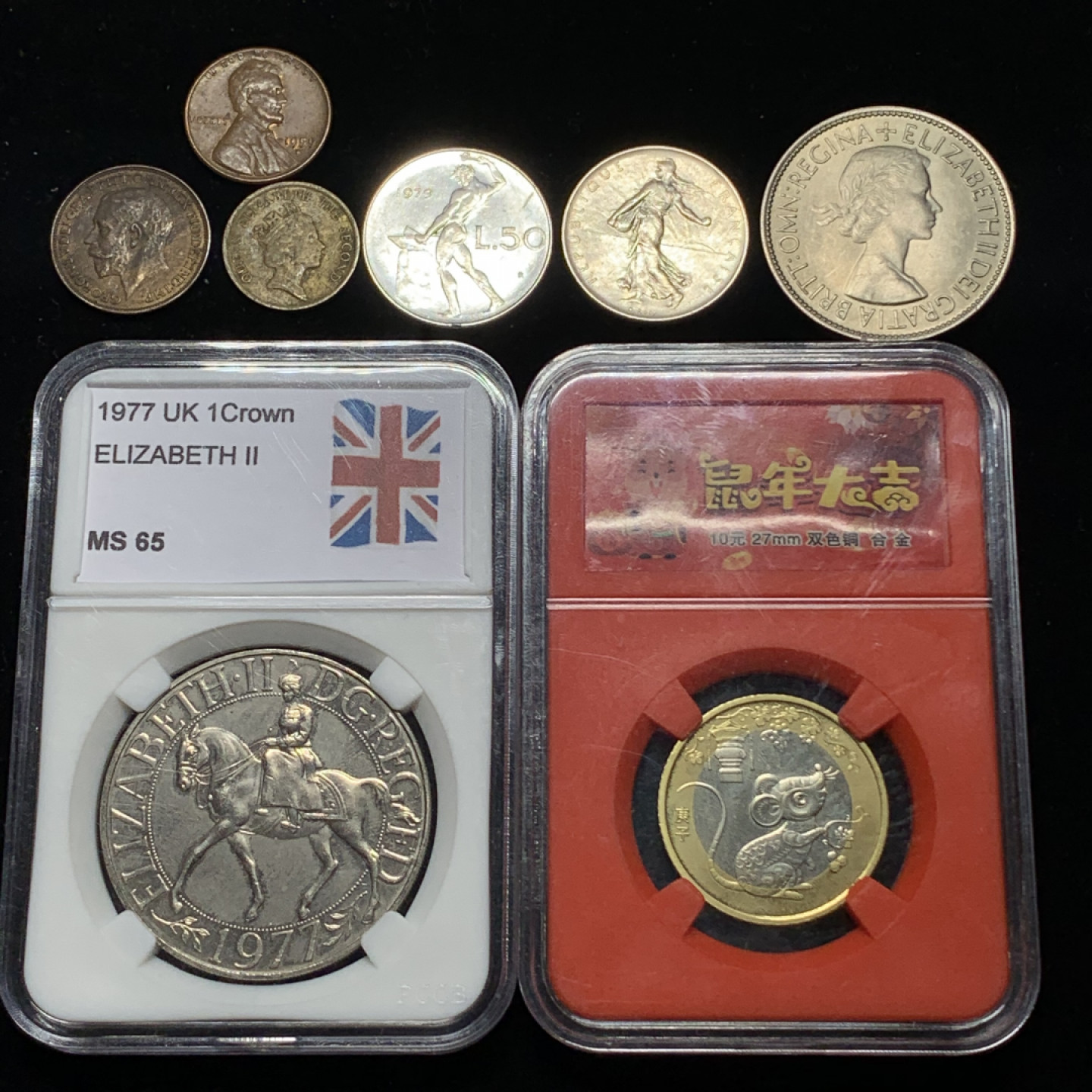 《竞宝斋》钱币微拍-第5场（0佣金包邮） 8枚合集：1953年半克朗，1961年法国1法郎，1925年乔六法新，1959年1美分，1979意大利50里拉，1989香港1毫，1977登基25周年克朗，2020鼠年10元