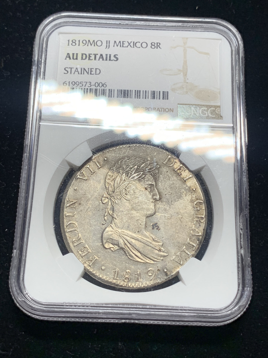 《竞宝斋》钱币微拍-第5场（0佣金包邮） 墨西哥 费迪南七世  1819 mo  au  8R 大银币  光度很好