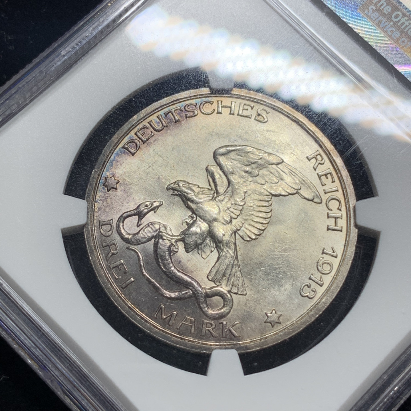 《竞宝斋》钱币微拍-第5场（0佣金包邮） NGC MS63 德国普鲁士 普法战争 战胜拿破仑 3马克银币 高浮雕细节，五彩包浆，难得藏品