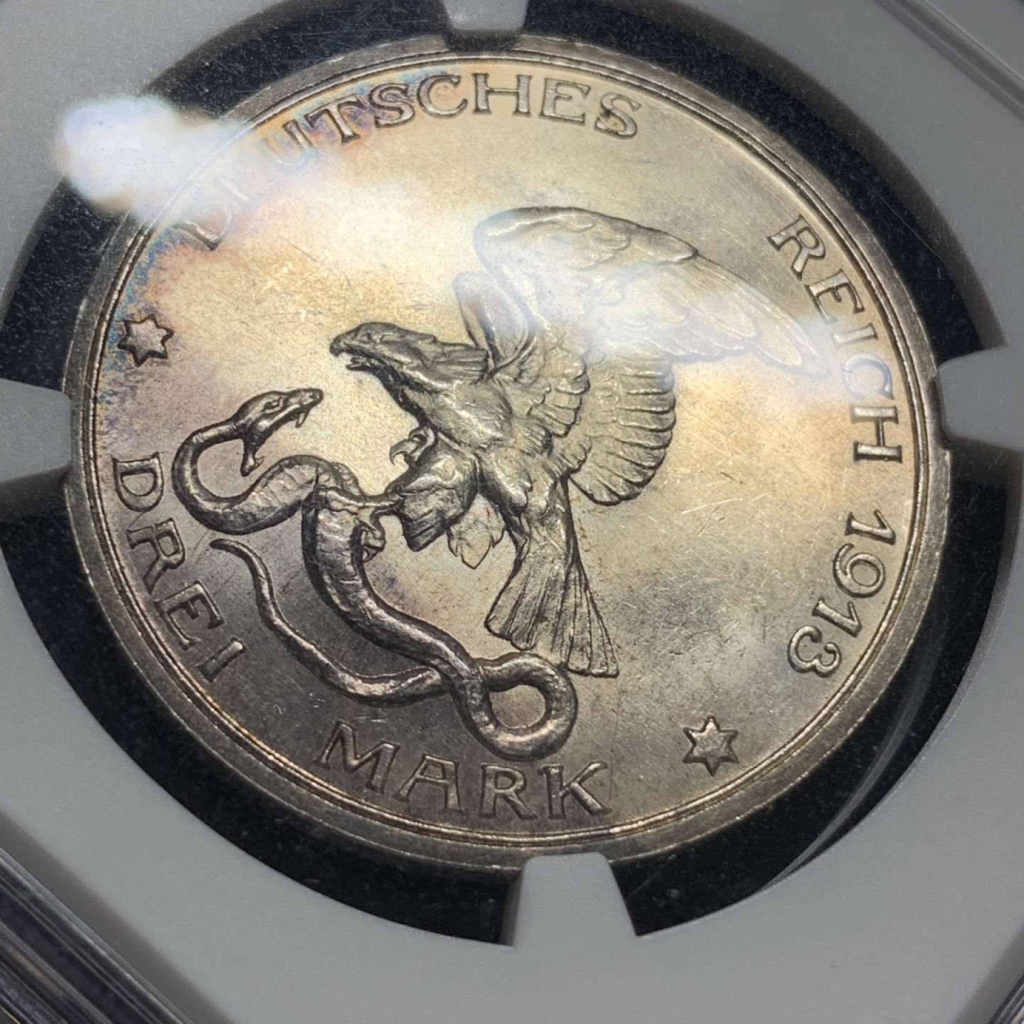 《竞宝斋》钱币微拍-第5场（0佣金包邮） NGC MS63 德国普鲁士 普法战争 战胜拿破仑 3马克银币 高浮雕细节，五彩包浆，难得藏品