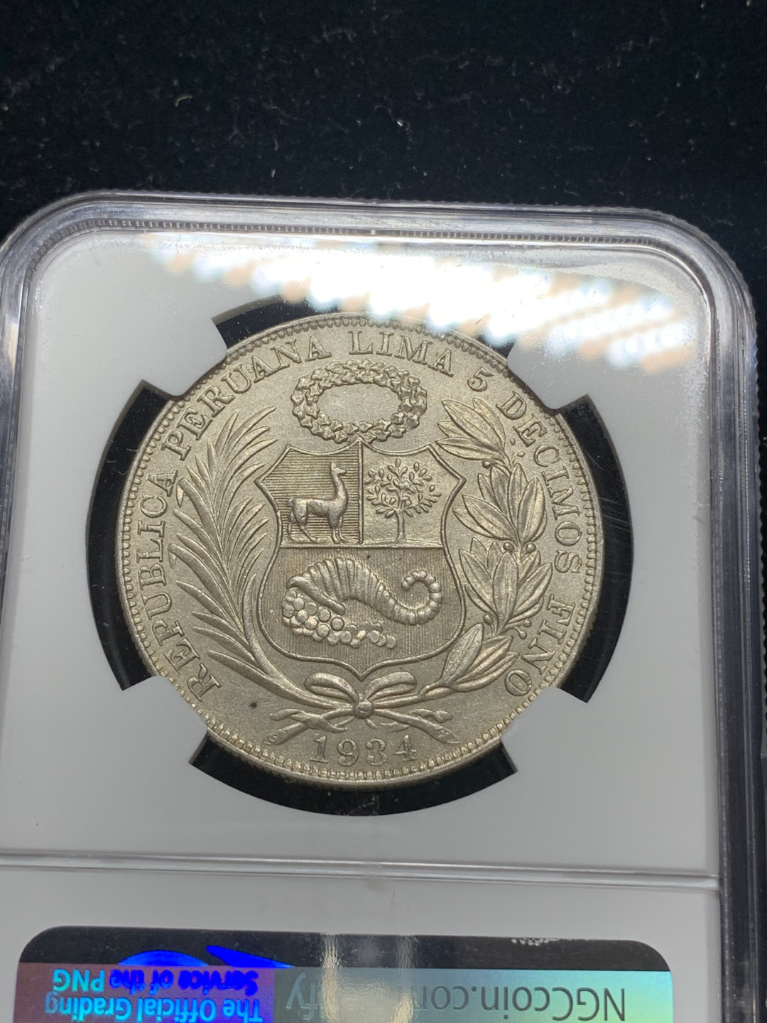 《竞宝斋》钱币微拍-第5场（0佣金包邮） NGC-MS61 秘鲁 1934年 坐人 1索尔 原光 大银币