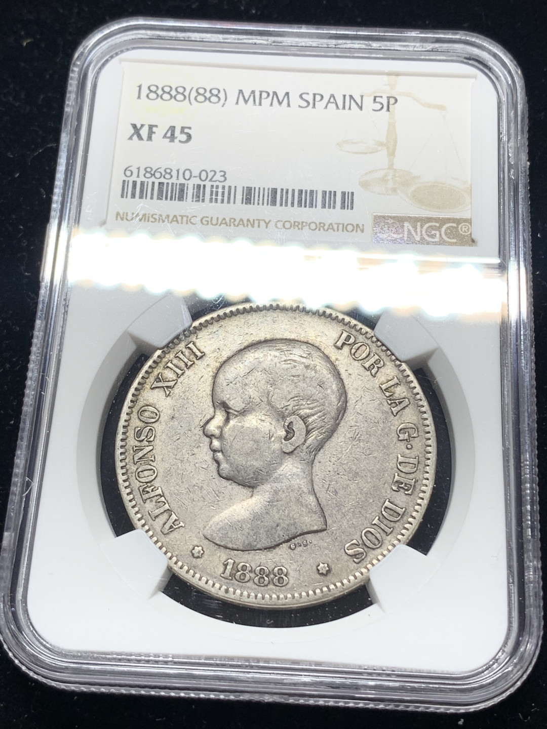 《竞宝斋》钱币微拍-第5场（0佣金包邮） NGC-XF45 西班牙 1888年 发财年份 小光头 5比塞塔 银币