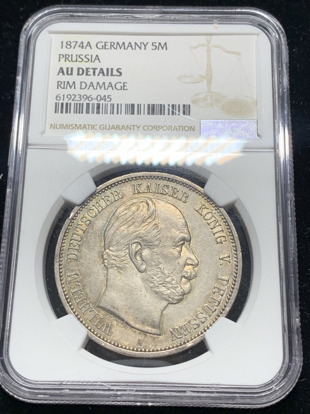 《竞宝斋》钱币微拍-第5场（0佣金包邮） NGC-AU 德国普鲁士 1874年 威廉一世 5马克 银币 可砸盒博分 裸币AU品大概1500元+