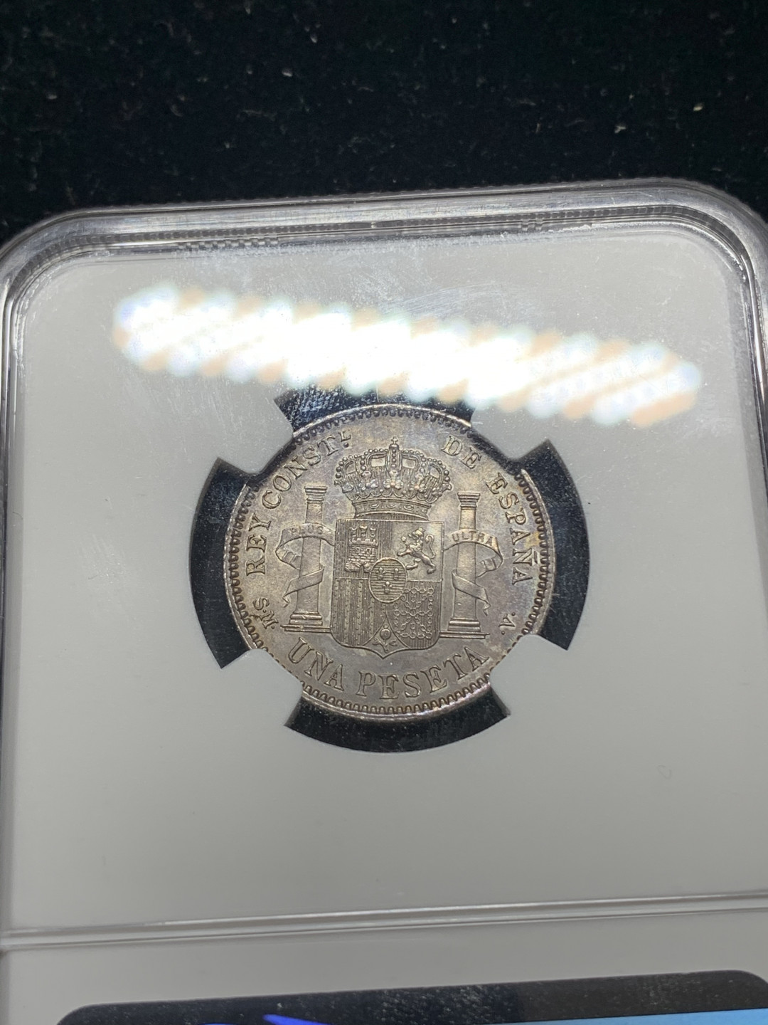 《竞宝斋》钱币微拍-第5场（0佣金包邮） NGC-AU58 西班牙1904年 军装 1比塞塔 银币 黑色包浆 此版好品的少见