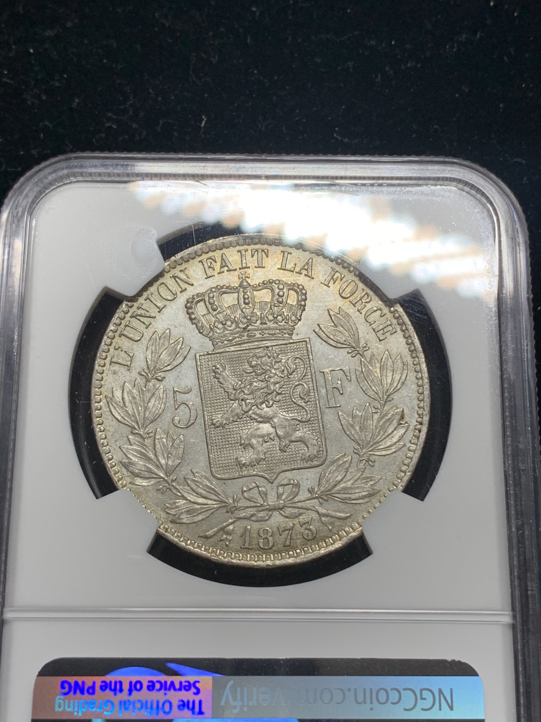 《竞宝斋》钱币微拍-第5场（0佣金包邮） NGC-MS62 比利时1873年 利奥波德二世 5法郎 原光 银币
