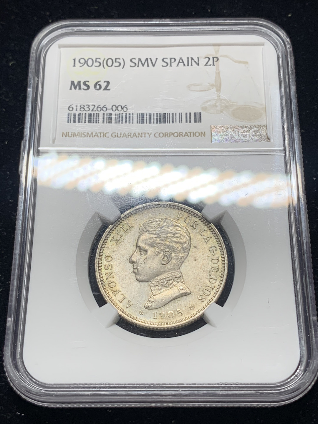 《竞宝斋》钱币微拍-第5场（0佣金包邮） NGC-MS62 西班牙1905年 军装 2比塞塔 银币 粉光漂亮