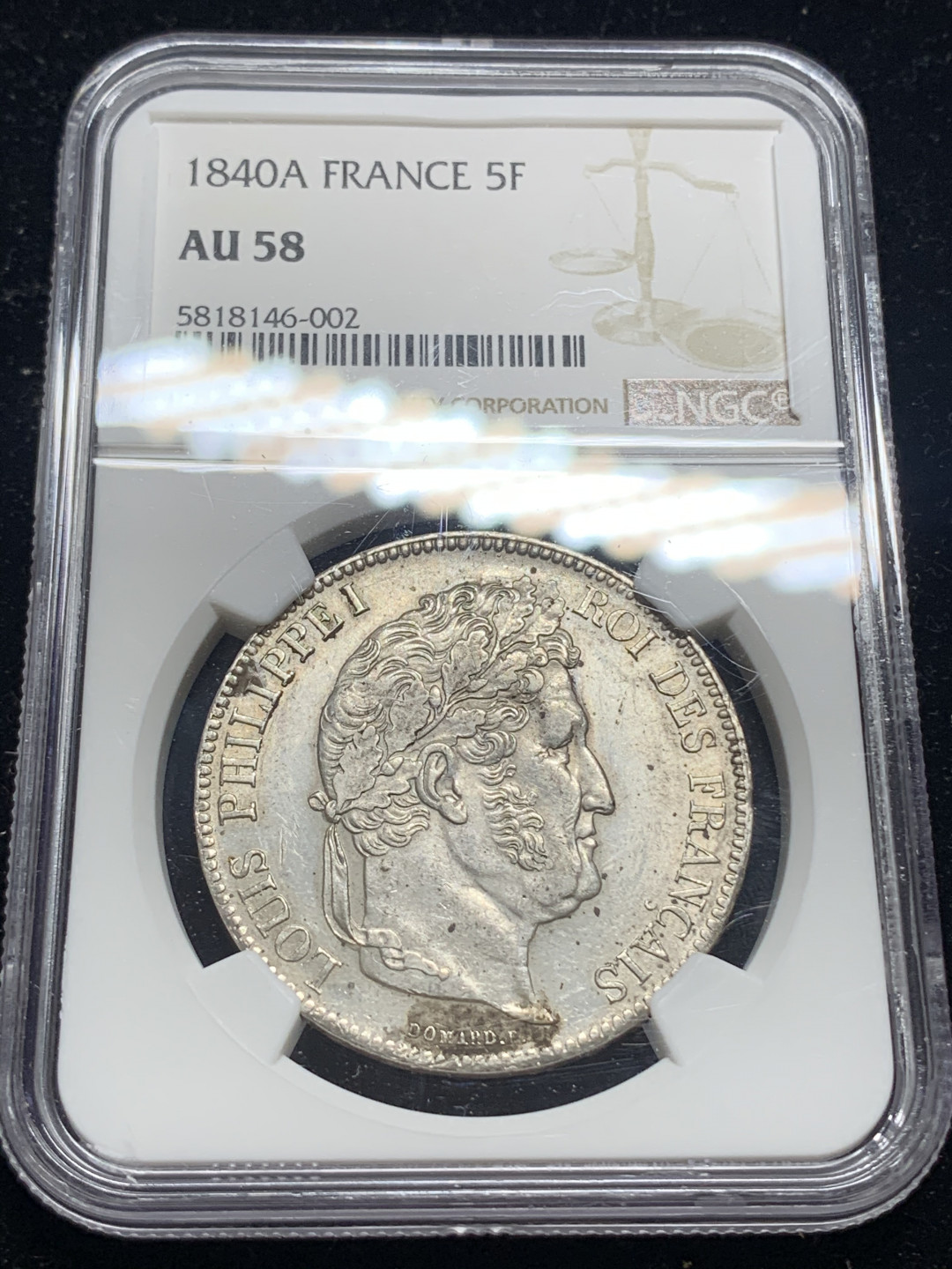 《竞宝斋》钱币微拍-第5场（0佣金包邮） NGC-AU58 法国 菲利普一世 1840年 5法郎 原光银币 第二名 好品非常稀少
