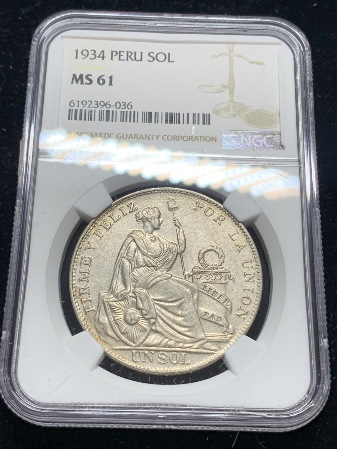 《竞宝斋》钱币微拍-第5场（0佣金包邮） NGC-MS61 秘鲁 1934年 坐人 1索尔 原光 大银币