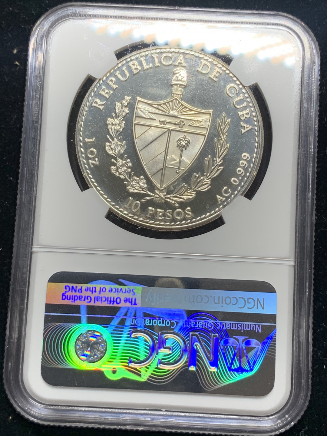 《竞宝斋》钱币微拍-第5场（0佣金包邮） NGC-PF67 古巴1990年古巴 10比索 1盎司纯银 伊萨贝拉 大银币 发型量5000枚
