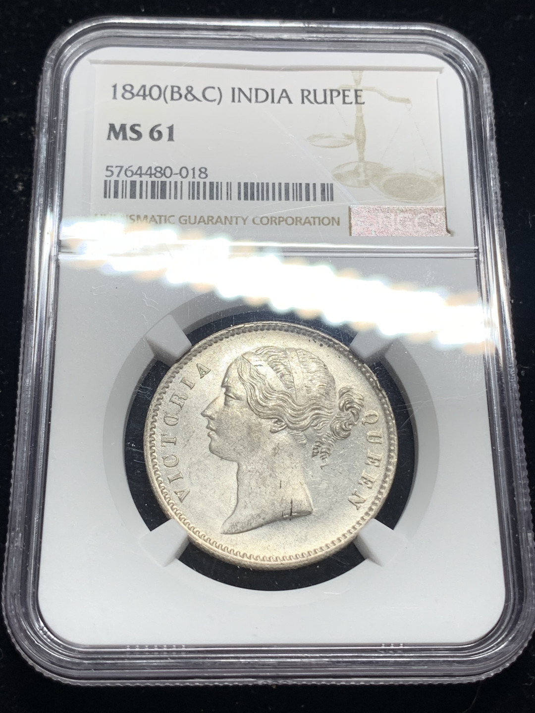 《竞宝斋》钱币微拍-第5场（0佣金包邮） NGC-MS61 印度1840年 维多利亚女王 1卢比 原光好品 银币