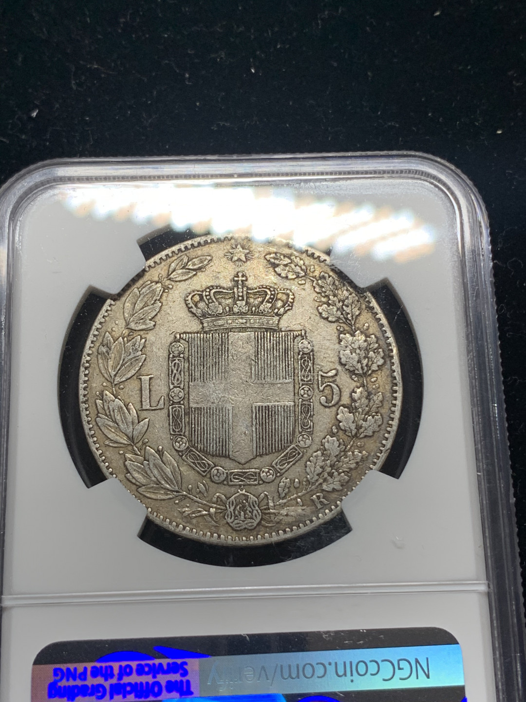 《竞宝斋》钱币微拍-第5场（0佣金包邮） NGC-XF45 意大利 1879年 罗马造币厂 翁贝托 5里拉 原味老包浆 银币