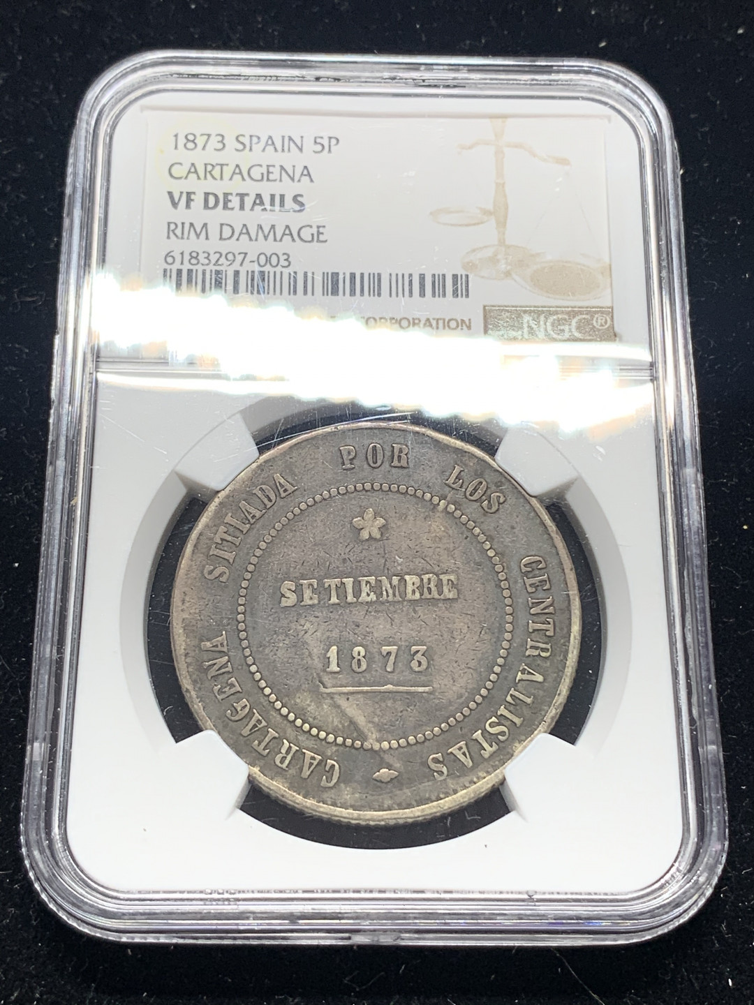 《竞宝斋》钱币微拍-第5场（0佣金包邮） NGC-VF 西班牙 卡塔赫纳 1873年 5比塞塔 银币 比其他版的围城币都少见