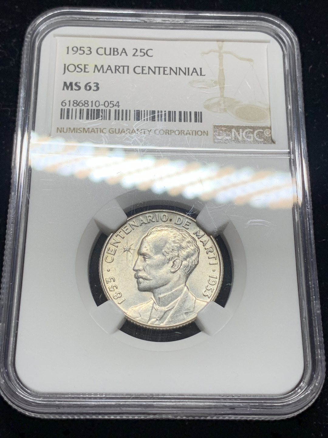 《竞宝斋》钱币微拍-第5场（0佣金包邮） NGC-MS63 古巴1953年 25分 马丁 原光 银币