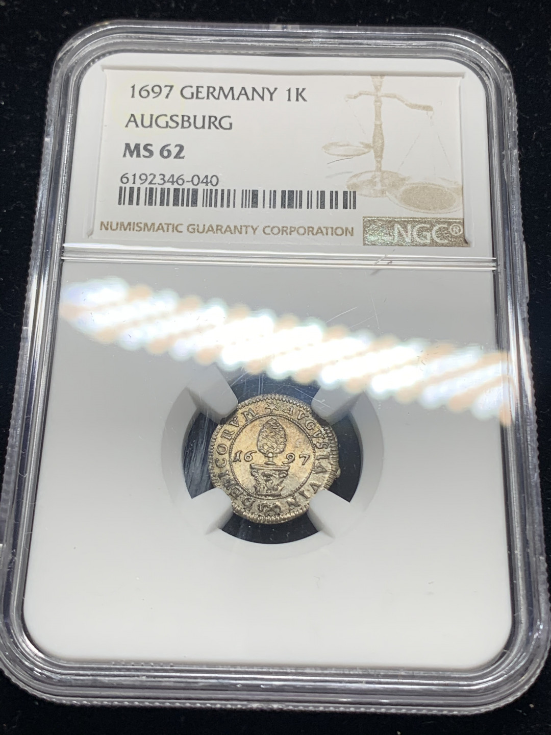 《竞宝斋》钱币微拍-第5场（0佣金包邮） NGC-MS62 德国奥格斯堡 1697年 石松和双头鹰徽 1克鲁泽 银币 唯一冠军分