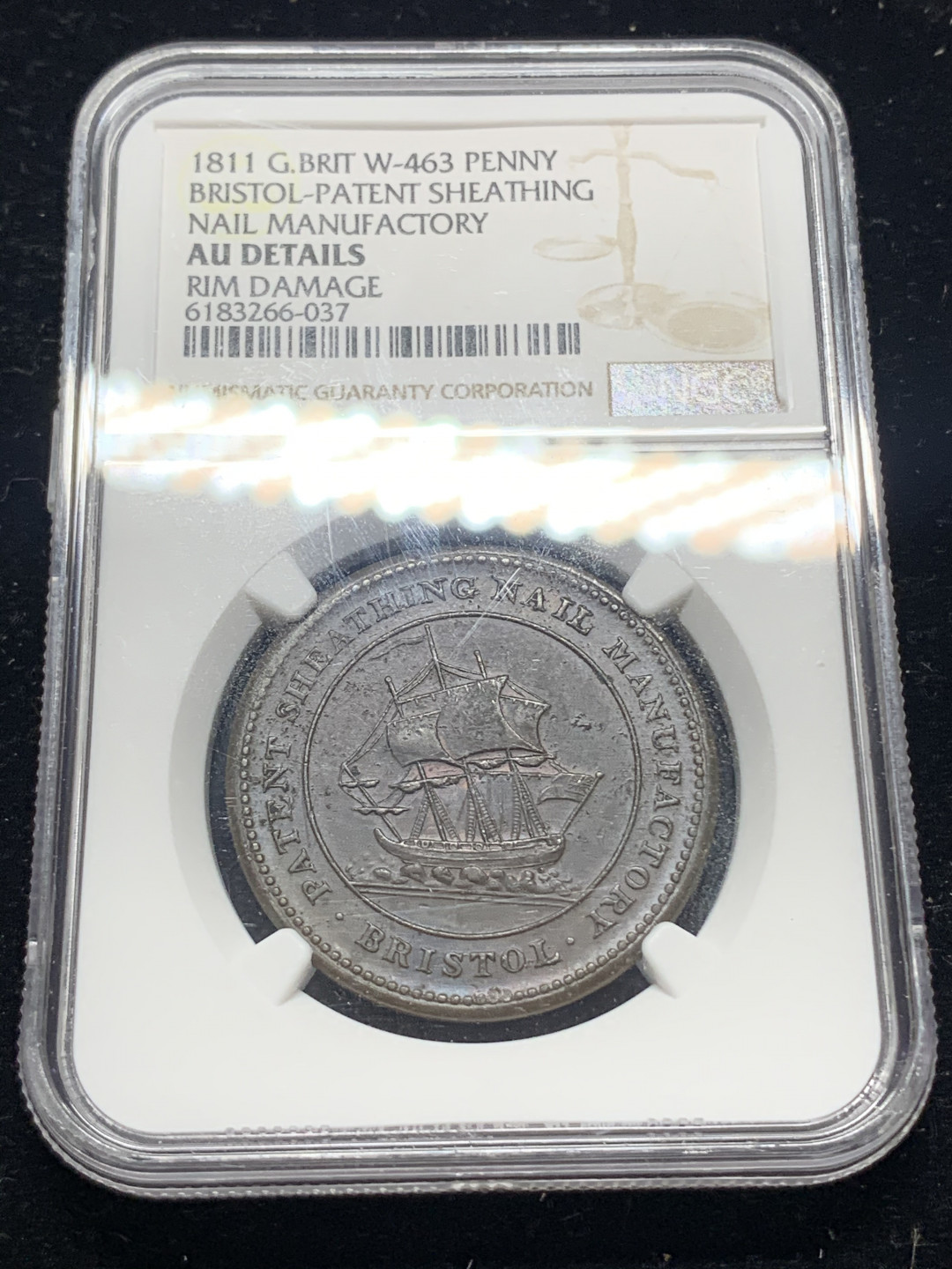 《竞宝斋》钱币微拍-第5场（0佣金包邮） NGC-AU 英国布里斯托尔 1811年 1便士 帆船 代用币 铜币
