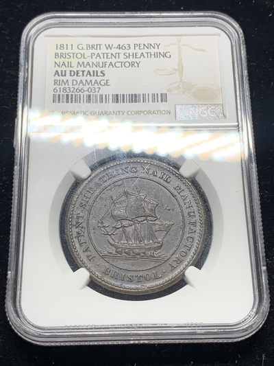 《竞宝斋》钱币微拍-第5场（0佣金包邮） - NGC-AU 英国布里斯托尔 1811年 1便士 帆船 代用币 铜币