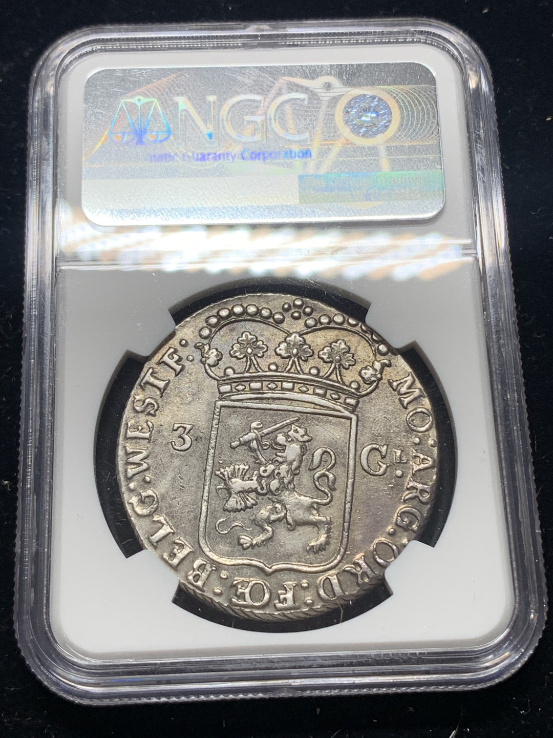 《竞宝斋》钱币微拍-第5场（0佣金包邮） NGC-AU58 荷兰1794年 西佛里斯省 3盾 站人大银币 原味难得