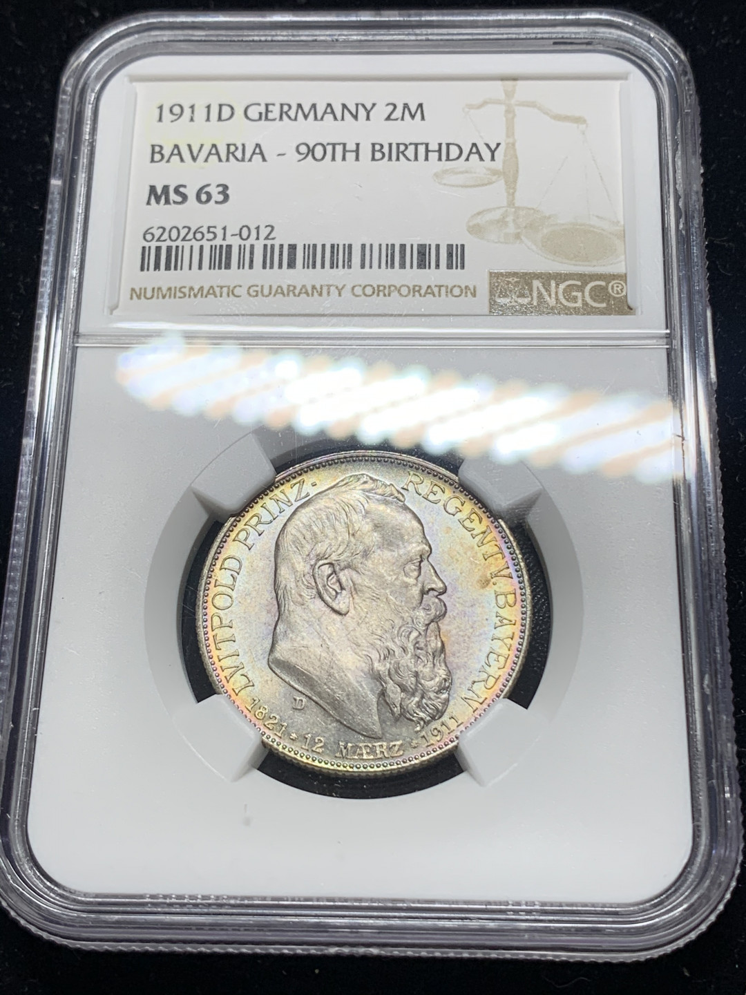《竞宝斋》钱币微拍-第5场（0佣金包邮） NGC-MS63 德国巴伐利亚 1911年 2马克 90周年纪念 淡五彩 银币