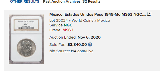 《竞宝斋》钱币微拍-第5场（0佣金包邮） NGC-MS62 墨西哥 1949年 1比索 鹰洋 银币 HA-58-63分的拍卖价格在2640美元到3840美元！稀缺品种，此版中的极其稀少的年份