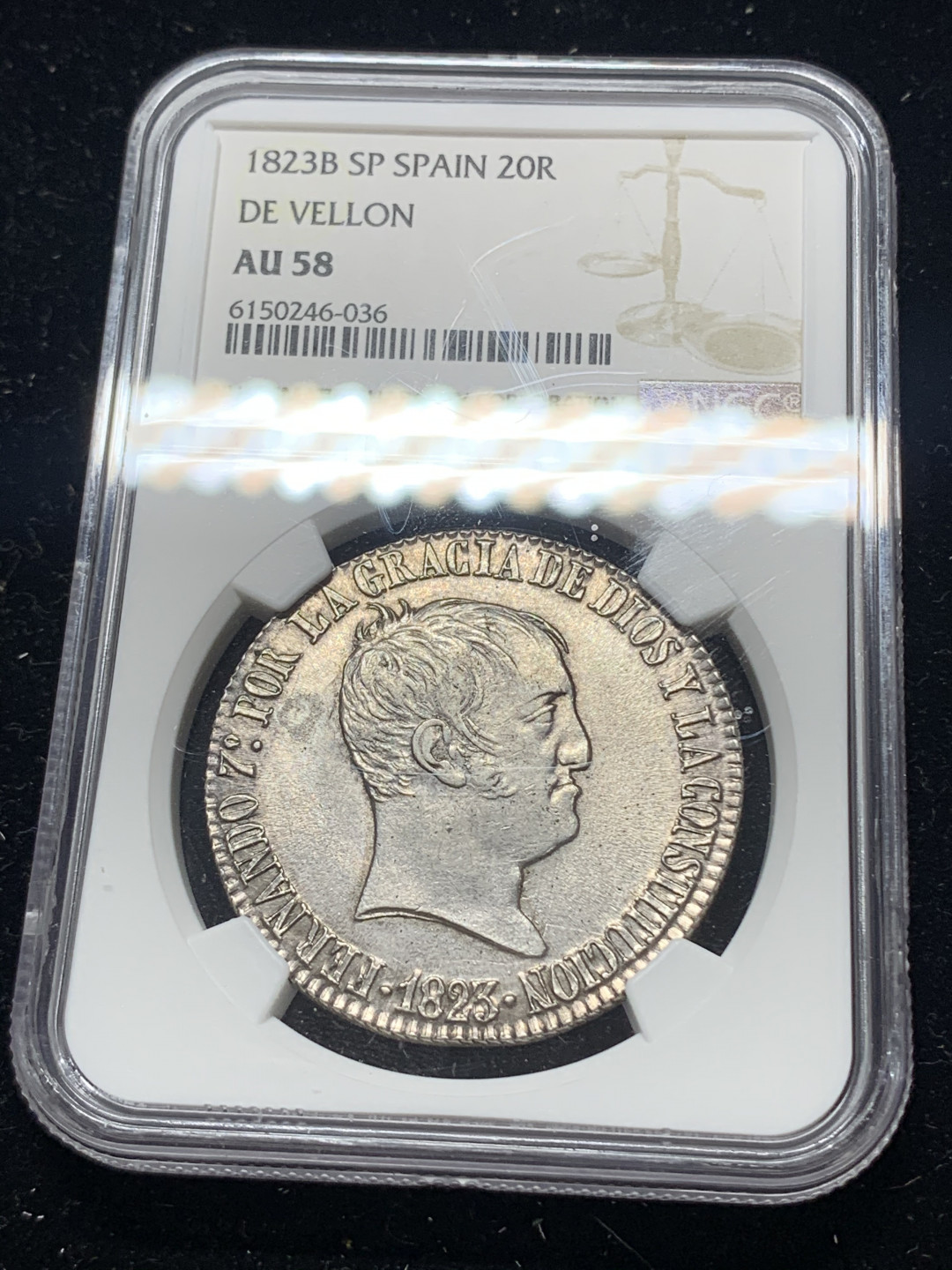 《竞宝斋》钱币微拍-第5场（0佣金包邮） NGC-AU58 西班牙费尔南多七世 1823年 巴塞罗那造 20R 大银币 肉眼可见的机铸纹 低评