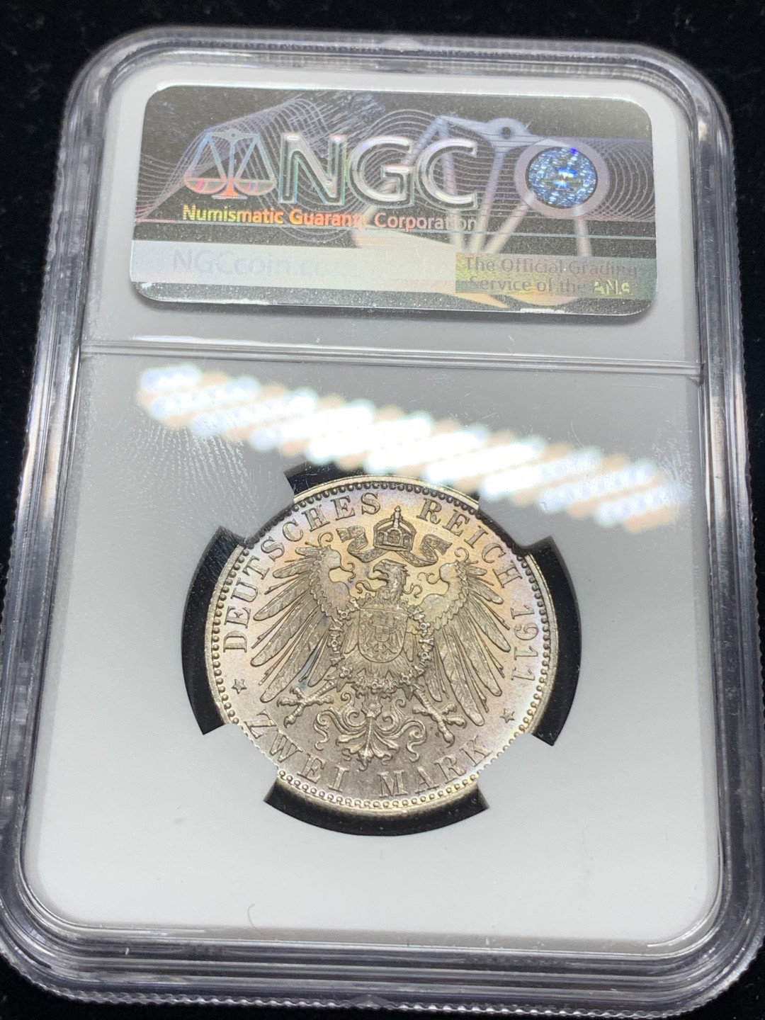 《竞宝斋》钱币微拍-第5场（0佣金包邮） NGC-MS63 德国巴伐利亚 1911年 2马克 90周年纪念 淡五彩 银币