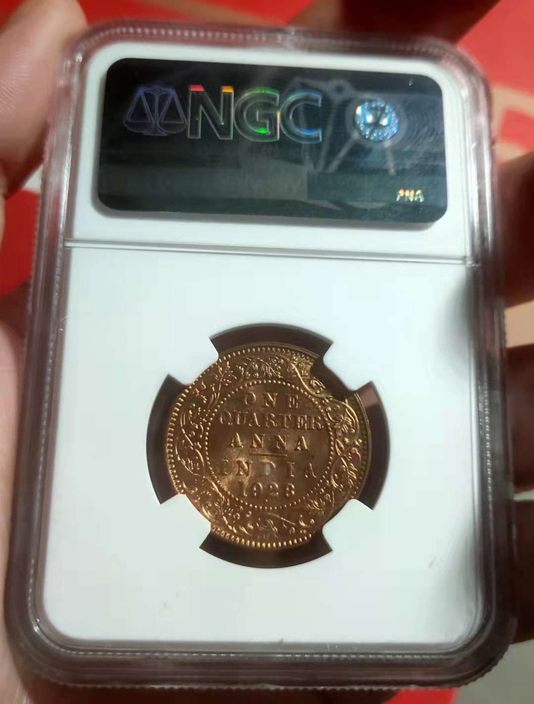 萌新换藏拍卖一 ngc ms63rb 英属印度1928年乔治五世1/4安娜铜币