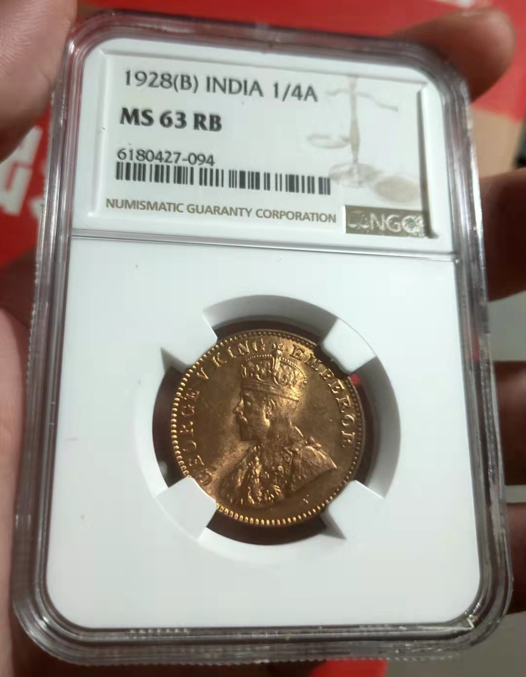 萌新换藏拍卖一 ngc ms63rb 英属印度1928年乔治五世1/4安娜铜币
