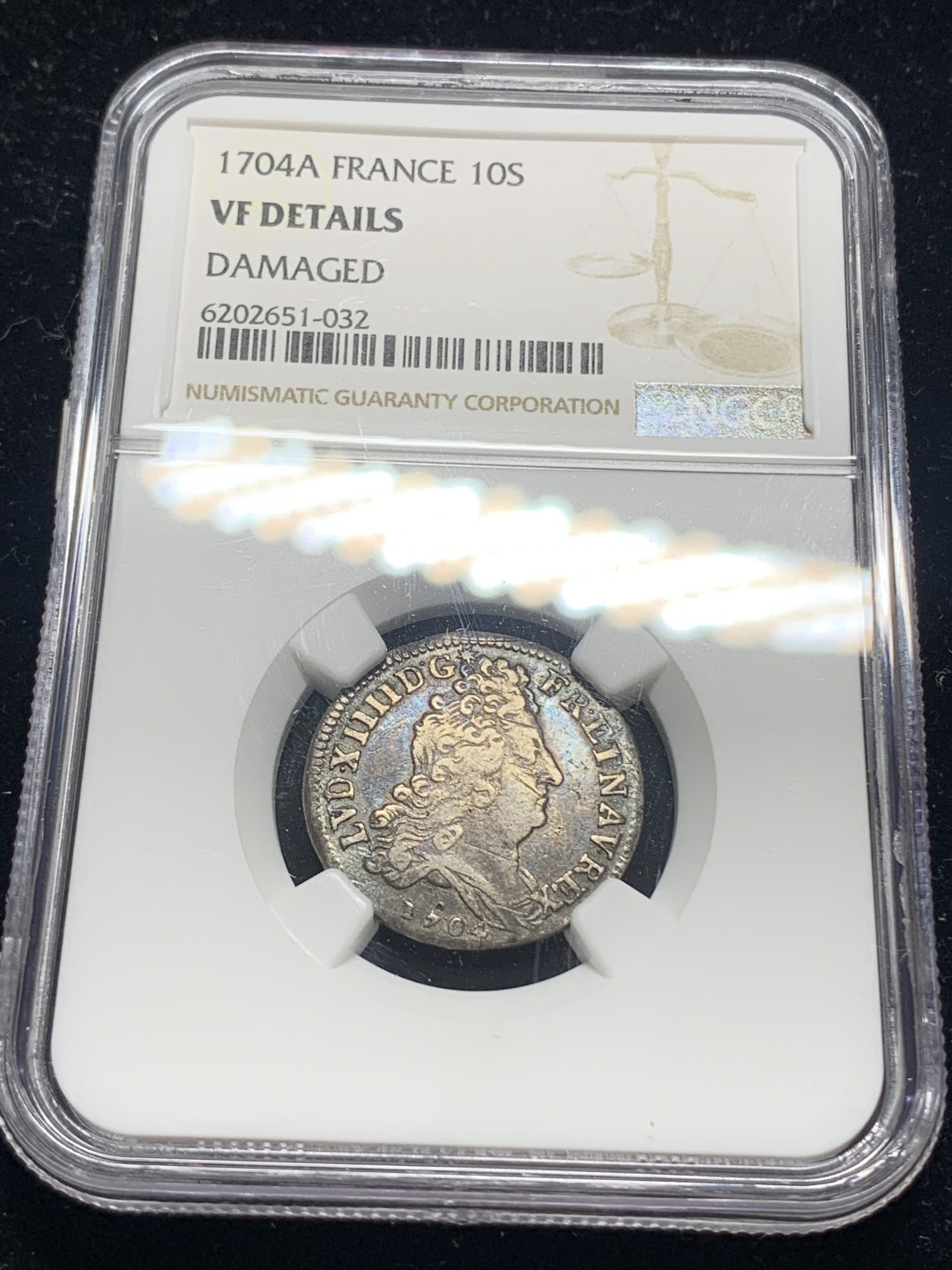 《竞宝斋》钱币微拍-第5场（0佣金包邮） NGC-VF 法国路易十四 1704年 10S 传世老包浆 银币