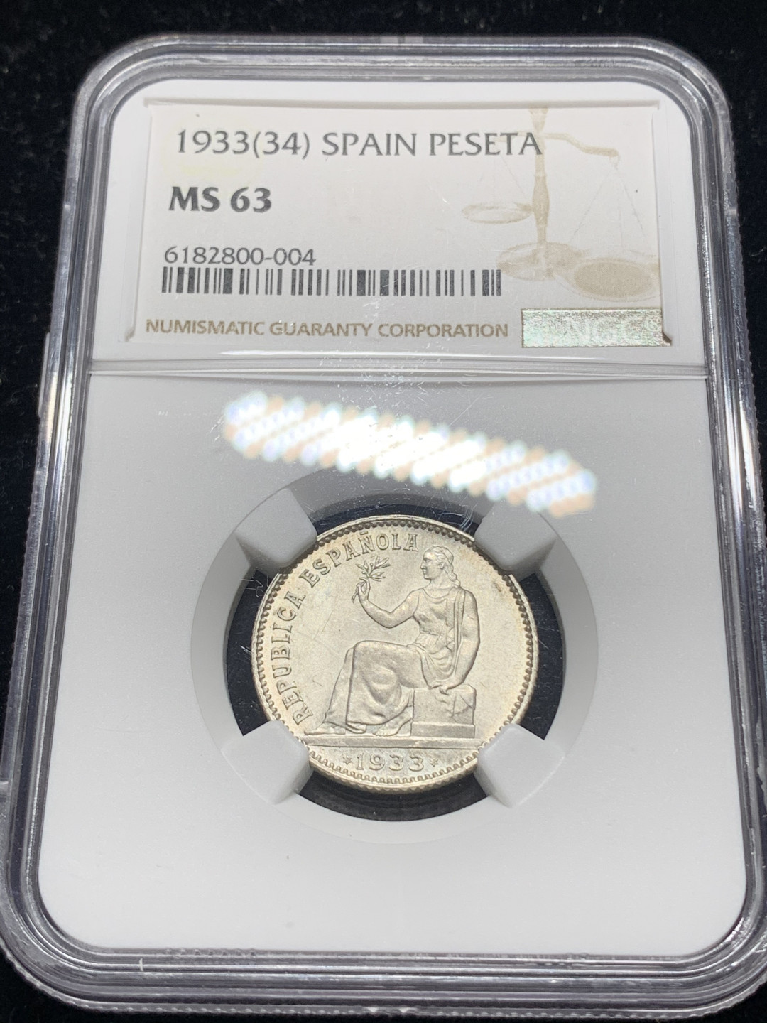 《竞宝斋》钱币微拍-第5场（0佣金包邮） NGC-MS63 西班牙1933年 坐人拿花 1比塞塔 原光 银币 好品难得