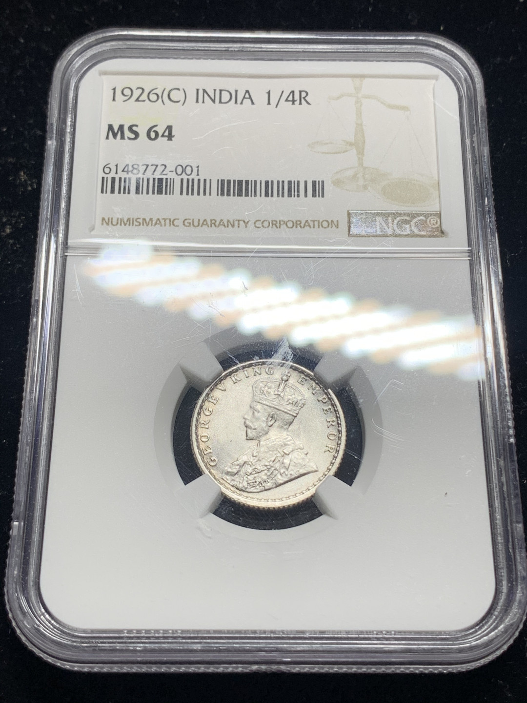 《竞宝斋》钱币微拍-第5场（0佣金包邮） NGC-MS64 印度1926年 乔五 1/4卢比 原光银币