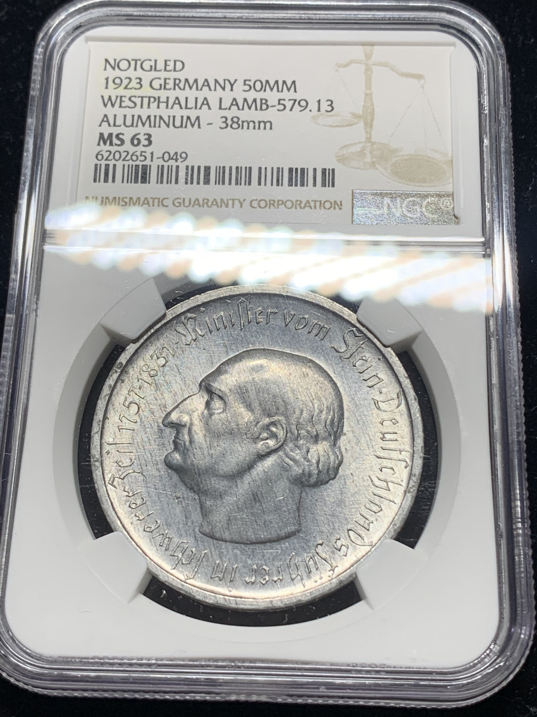 《竞宝斋》钱币微拍-第5场（0佣金包邮） NGC-MS63 德国魏玛共和国 1923年 5000万马克 大马 铝币