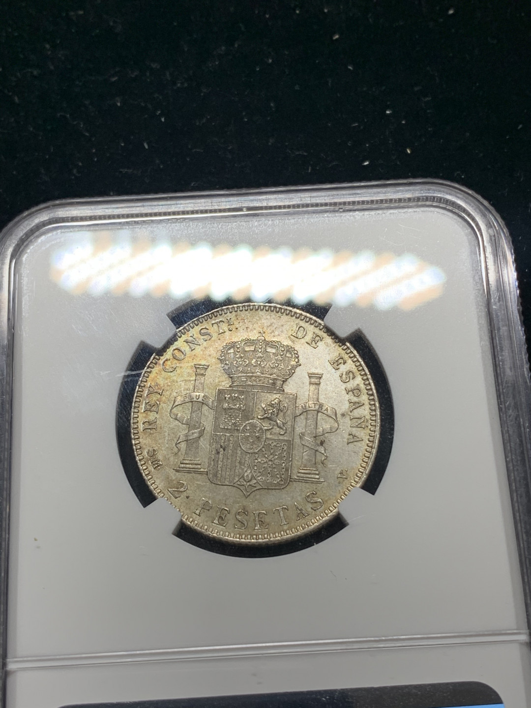 《竞宝斋》钱币微拍-第5场（0佣金包邮） NGC-MS62 西班牙1905年 军装 2比塞塔 银币 粉光漂亮