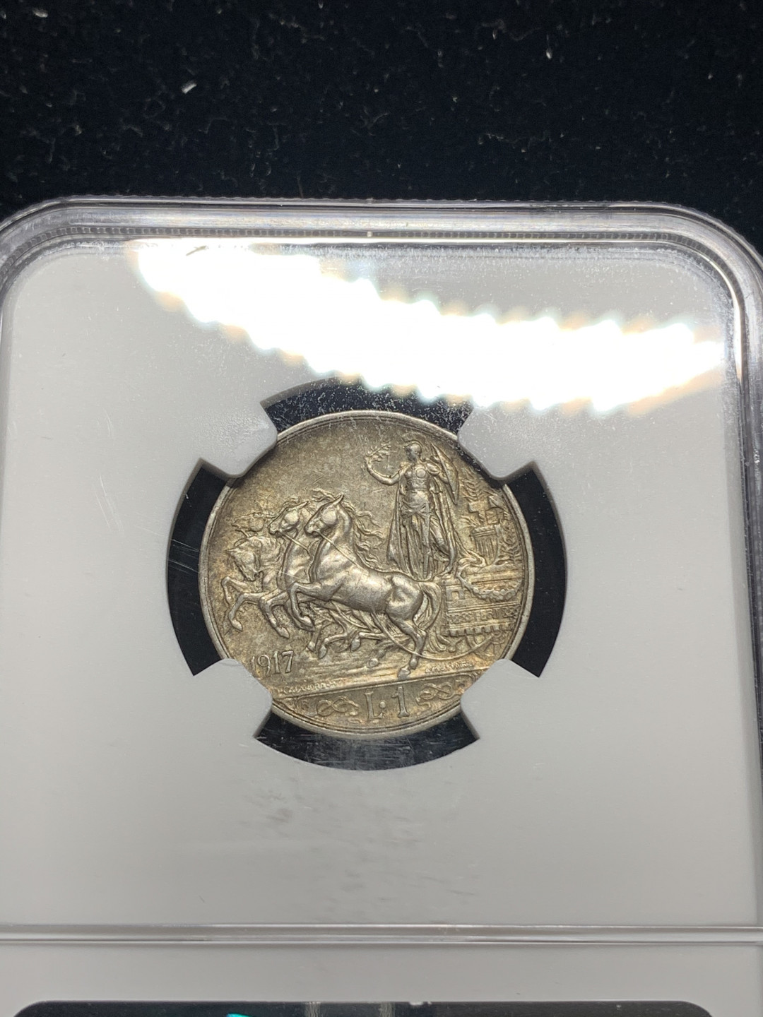 《竞宝斋》钱币微拍-第5场（0佣金包邮） NGC-MS61 意大利1917年 胜利马车 1里拉 原味带彩 银币