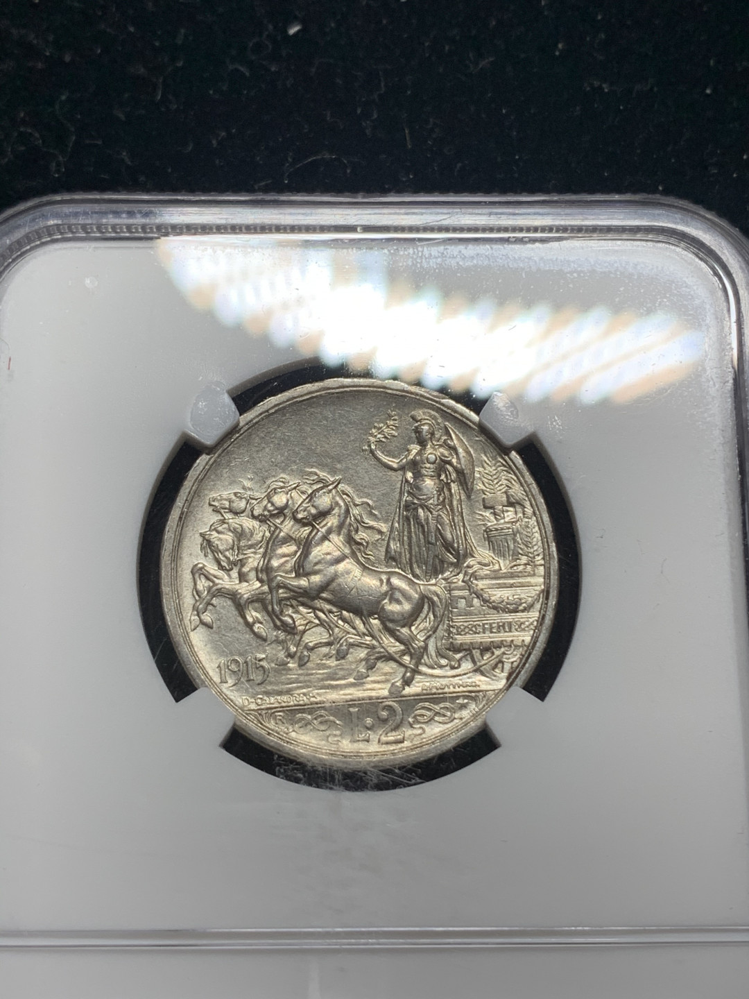 《竞宝斋》钱币微拍-第5场（0佣金包邮） NGC-MS61 意大利1915年 胜利马车 2里拉 原光好品 银币