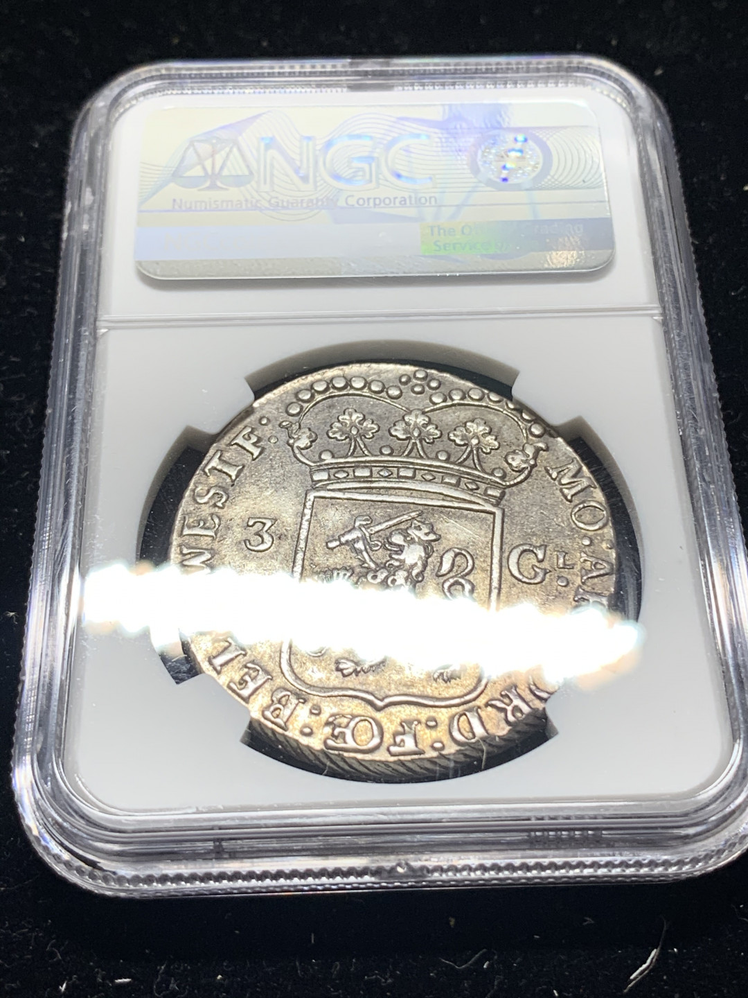 《竞宝斋》钱币微拍-第5场（0佣金包邮） NGC-AU58 荷兰1794年 西佛里斯省 3盾 站人大银币 原味难得