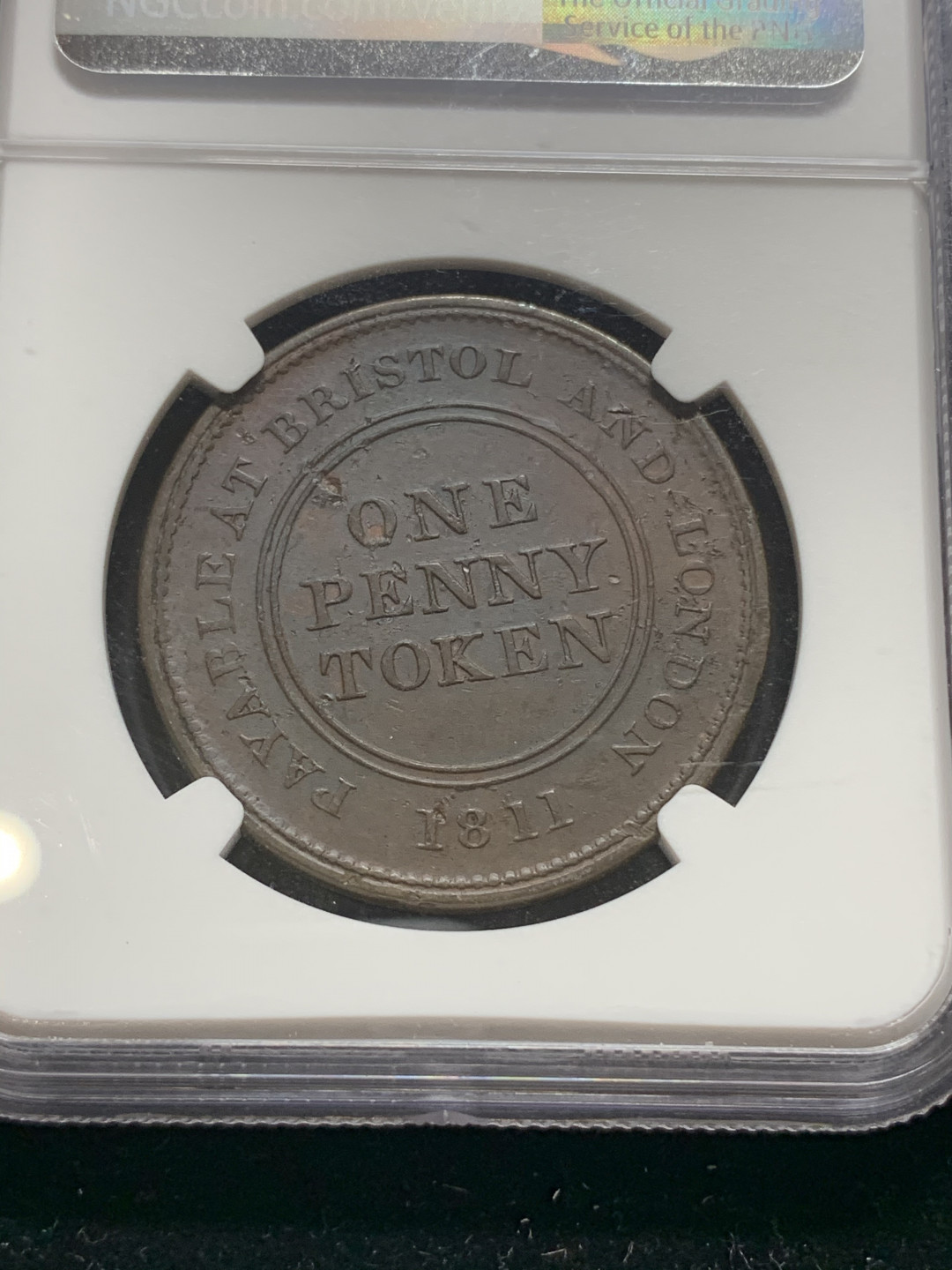 《竞宝斋》钱币微拍-第5场（0佣金包邮） NGC-AU 英国布里斯托尔 1811年 1便士 帆船 代用币 铜币
