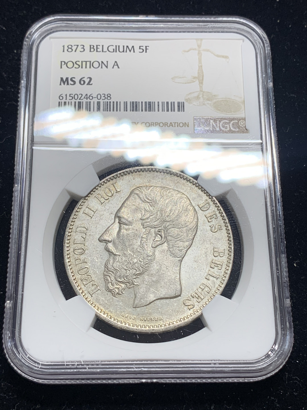 《竞宝斋》钱币微拍-第5场（0佣金包邮） NGC-MS62 比利时1873年 利奥波德二世 5法郎 原光 银币