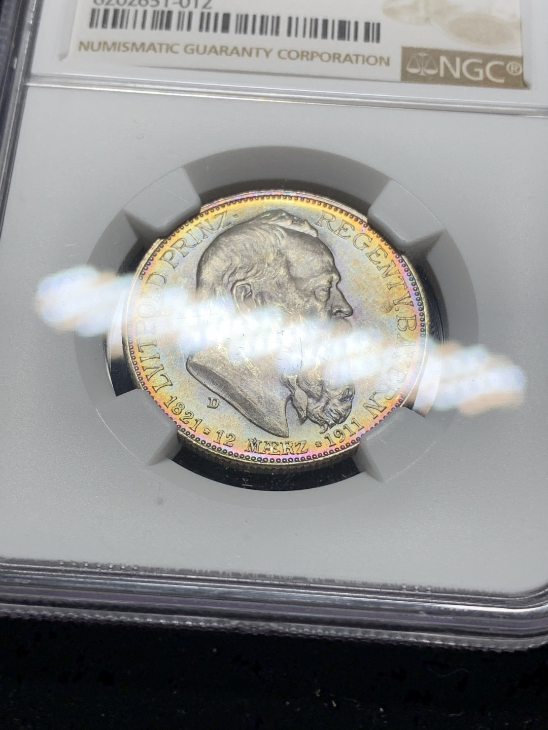 《竞宝斋》钱币微拍-第5场（0佣金包邮） NGC-MS63 德国巴伐利亚 1911年 2马克 90周年纪念 淡五彩 银币