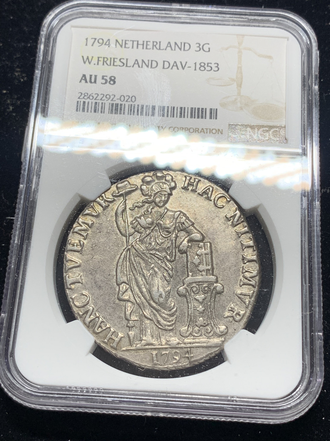 《竞宝斋》钱币微拍-第5场（0佣金包邮） NGC-AU58 荷兰1794年 西佛里斯省 3盾 站人大银币 原味难得