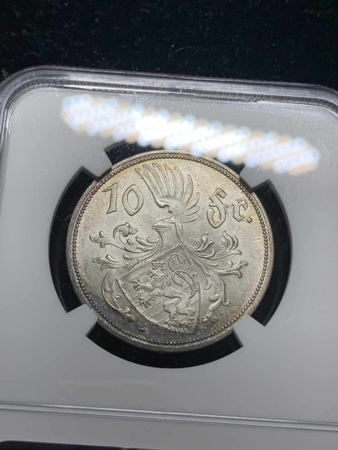 《竞宝斋》钱币微拍-第5场（0佣金包邮） NGC-MS64 卢森堡1929年 夏洛特 10法郎 月牙彩 原光银币