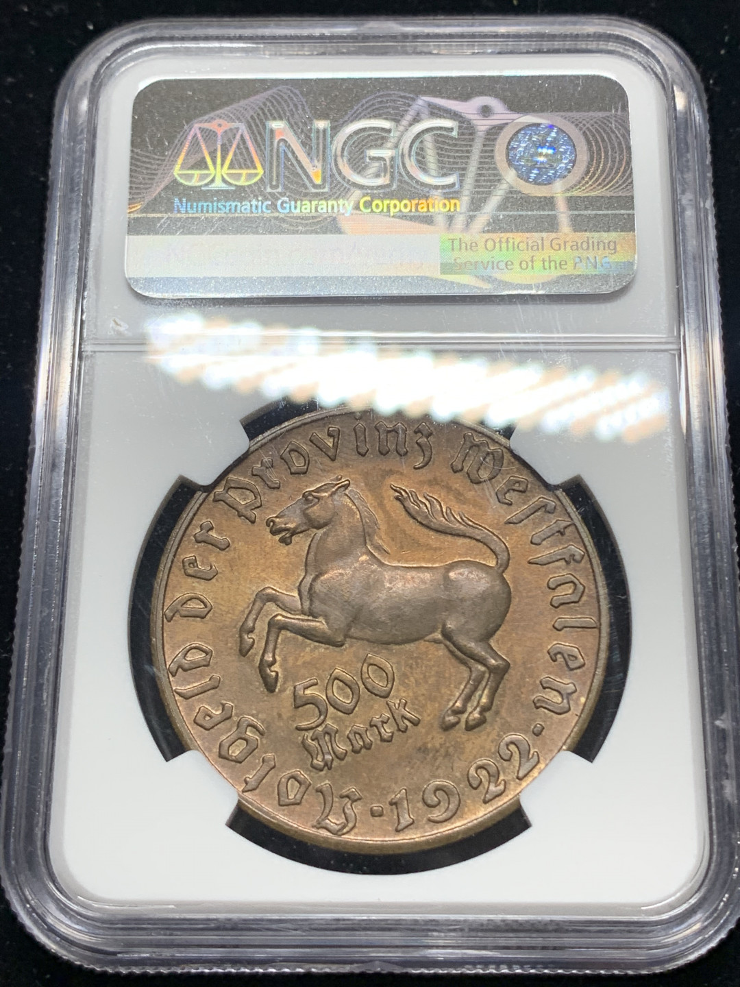 《竞宝斋》钱币微拍-第5场（0佣金包邮） NGC-MS63 德国威斯特法伦 1922年 500马克 大马 铜币 较少见