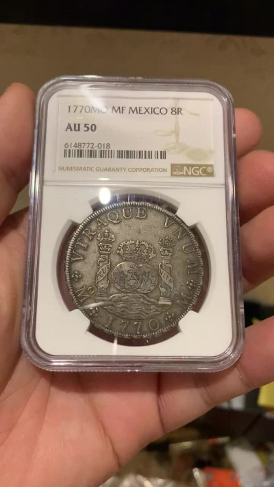 《竞宝斋》钱币微拍-第5场（0佣金包邮） NGC-AU50 墨西哥1770年 卡洛斯三世 8R 地球双柱 黑包浆 一流的味道