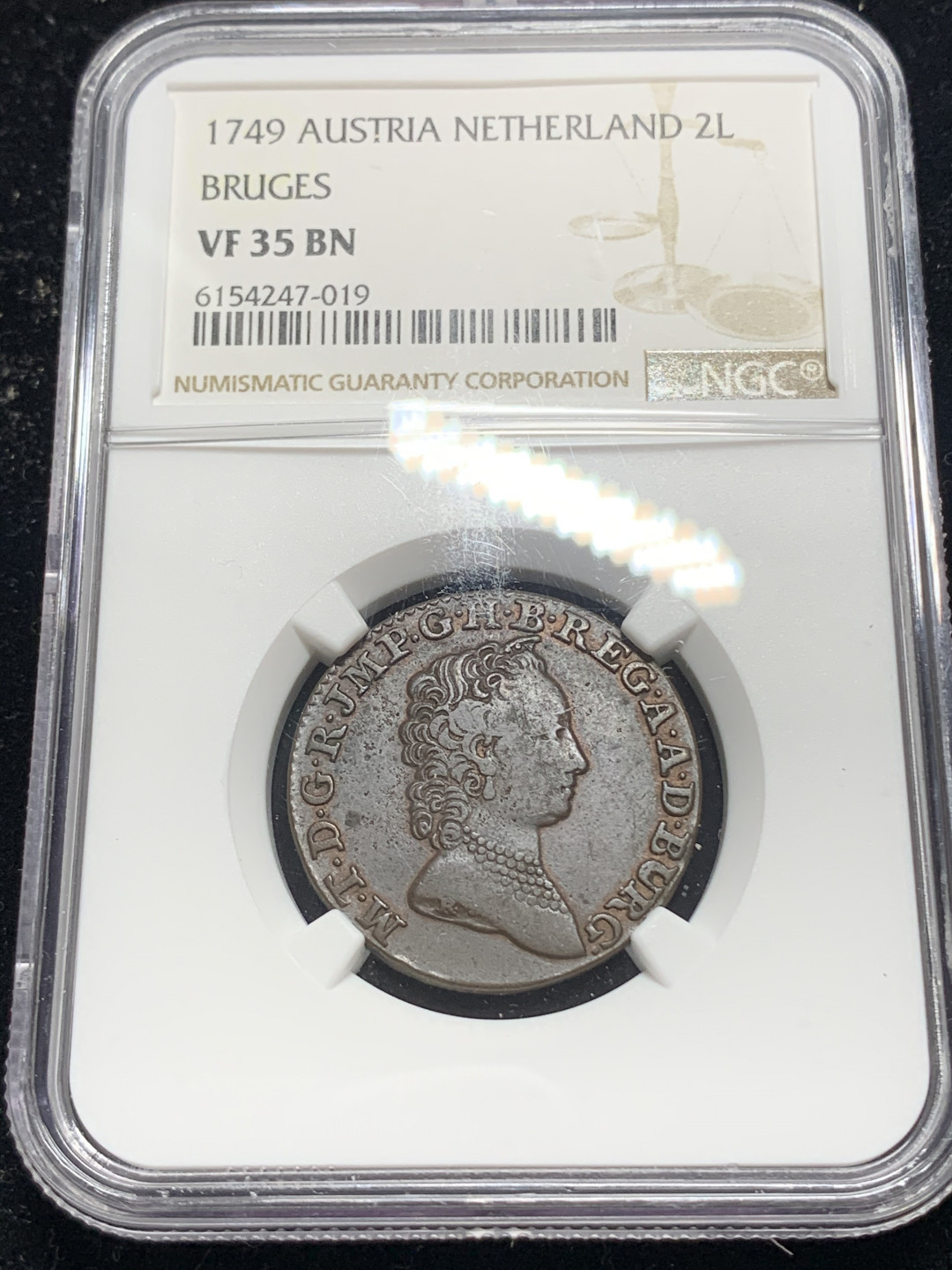 《竞宝斋》钱币微拍-第5场（0佣金包邮） NGC-VF35 奥属尼德兰 1749年 青年大奶妈像 2L 铜币 唯一冠军 严重低评