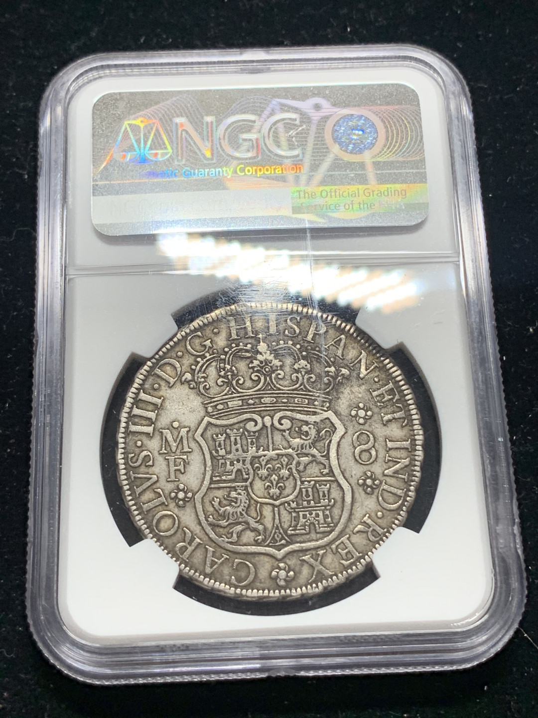 《竞宝斋》钱币微拍-第5场（0佣金包邮） NGC-AU50 墨西哥1770年 卡洛斯三世 8R 地球双柱 黑包浆 一流的味道