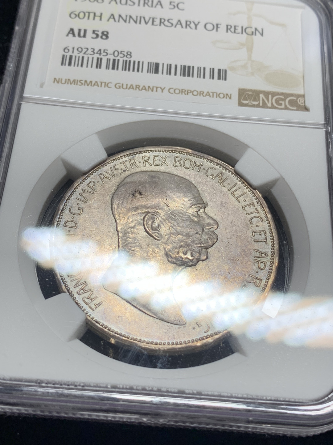 《竞宝斋》钱币微拍-第5场（0佣金包邮） NGC-AU58 奥地利 1908年 佛朗茨 5克朗 老包浆带光 银币