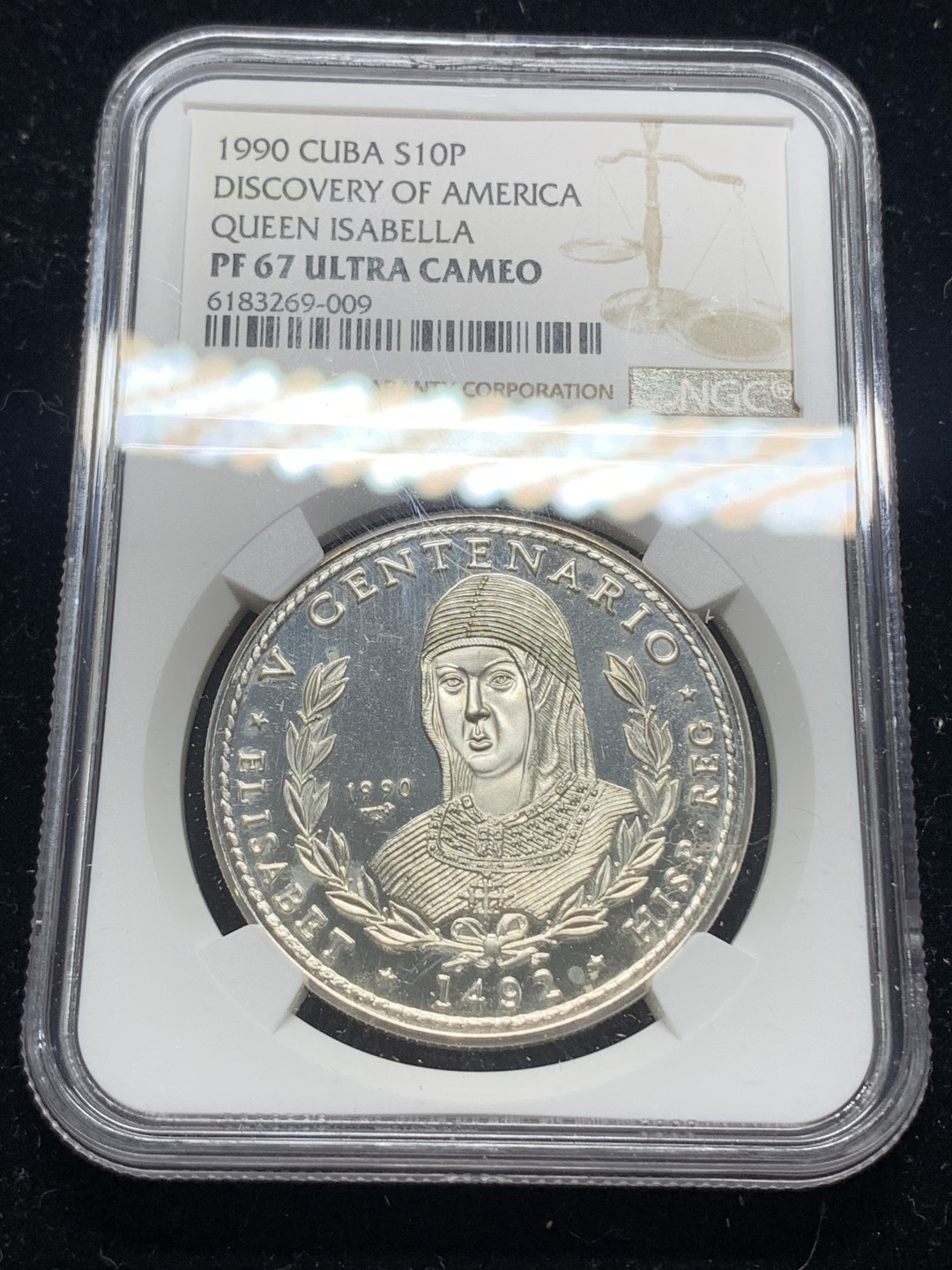 《竞宝斋》钱币微拍-第5场（0佣金包邮） NGC-PF67 古巴1990年古巴 10比索 1盎司纯银 伊萨贝拉 大银币 发型量5000枚